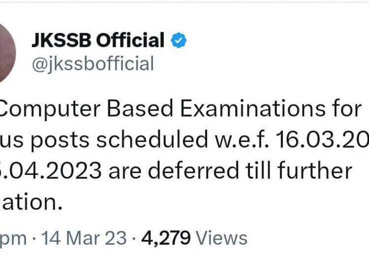 JKSSB defers computer based examinations scheduled from Mar 16-Apr 05