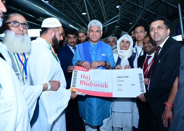Lt Governor flags off J&K UT’s 1st batch of Haj pilgrims from Srinagar International Airport