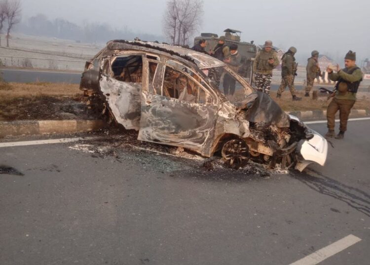 Car catches fire on highway in Kulgam, travellers safe