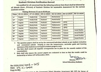 DSEK Issues Uniform Datesheet For Govt, Private Schools Beginning From Nov 25; Results to Be Declared By Dec 15th
