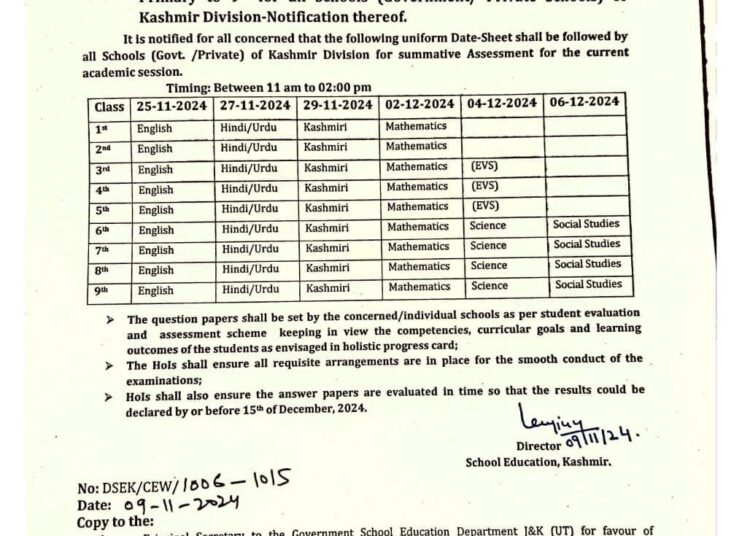 DSEK Issues Uniform Datesheet For Govt, Private Schools Beginning From Nov 25; Results to Be Declared By Dec 15th